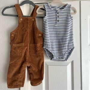 Little Co Brown Corduroy Overalls and Blue Striped Bodysuit Romper | baby bundle